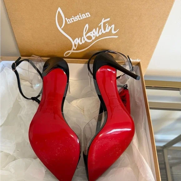 Christian Louboutin Black Pointed-Toe T-Strap Studded Heels - Picture 5 of 9